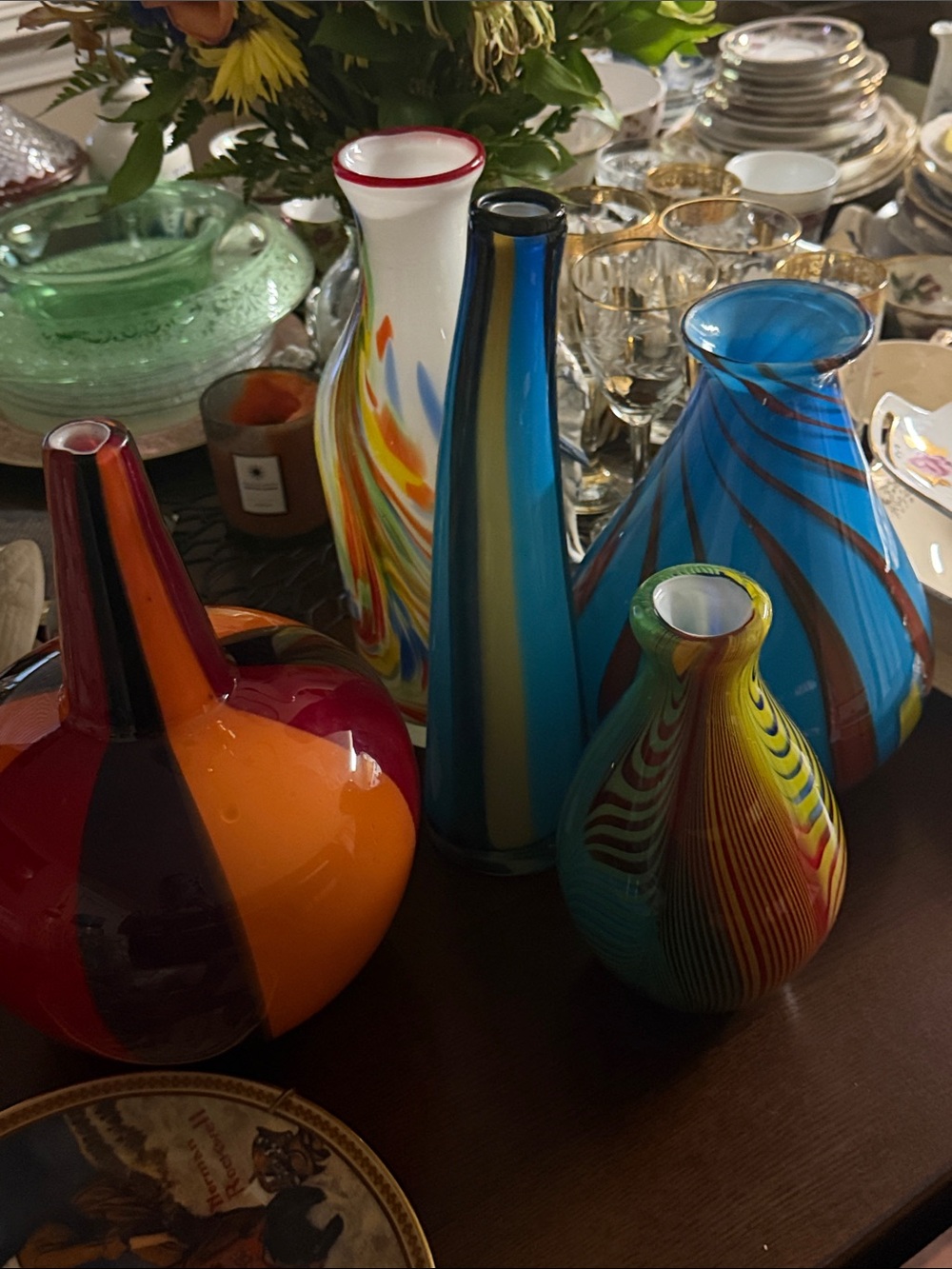 Hand-Blown Multicolor Art Glass Vases - Blue, Orange, Red, Yellow & Cream